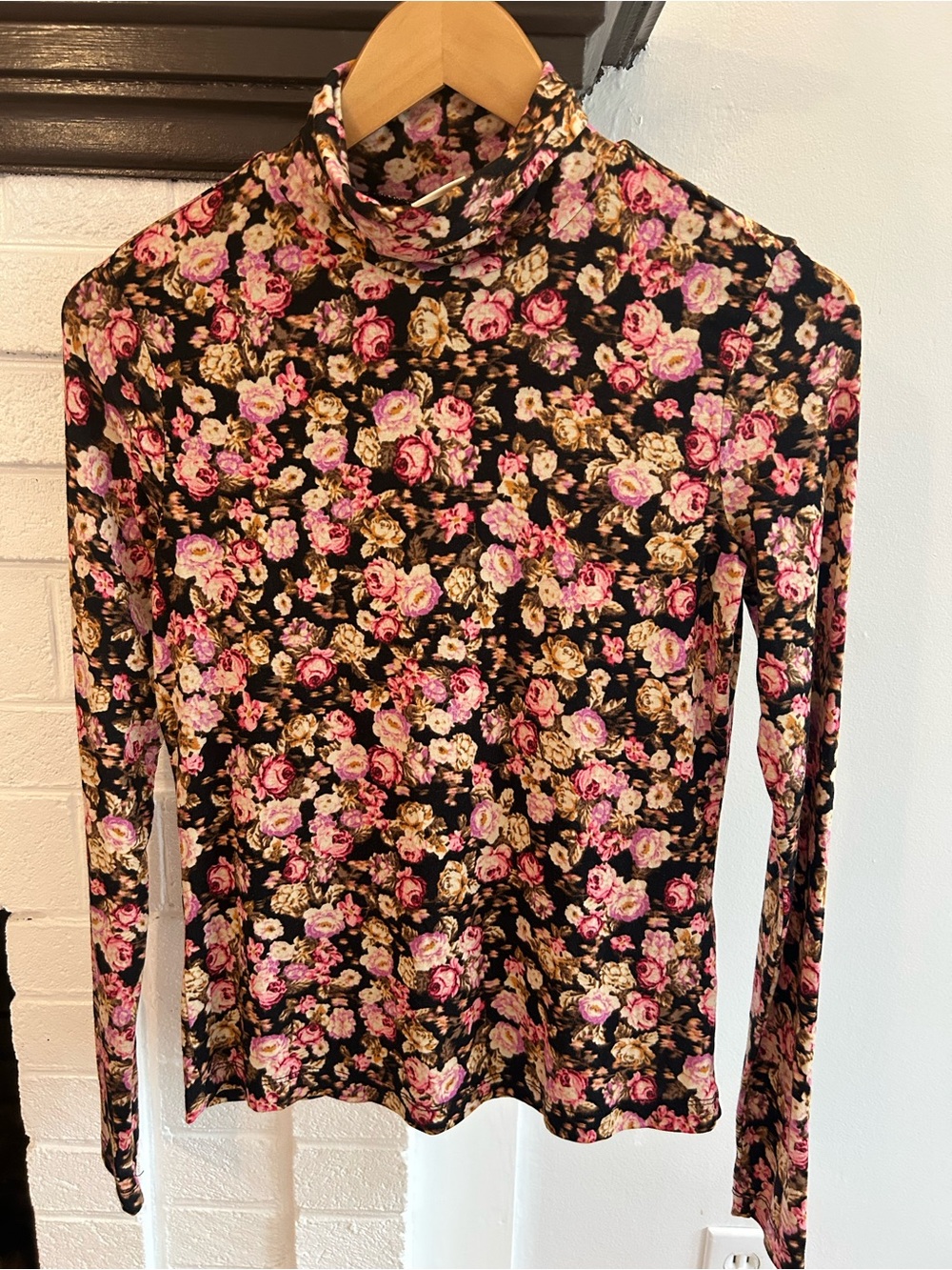 H&M Floral Turtleneck Bodysuit in Black, Pink and Cream